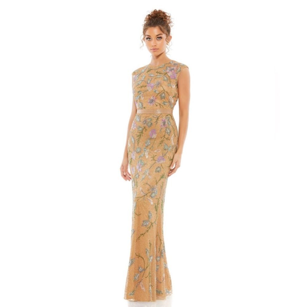 Mac Duggal Beaded Floral Gown Formal Dress, Mustard Yellow, New, Size 10 - Picture 4 of 15